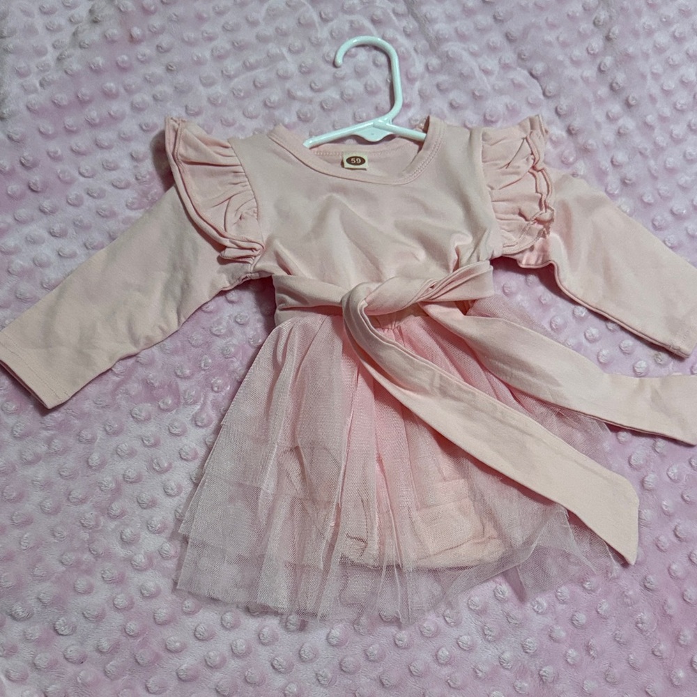 Pink Ruffled Long Sleeve Dress with Tulle Skirt